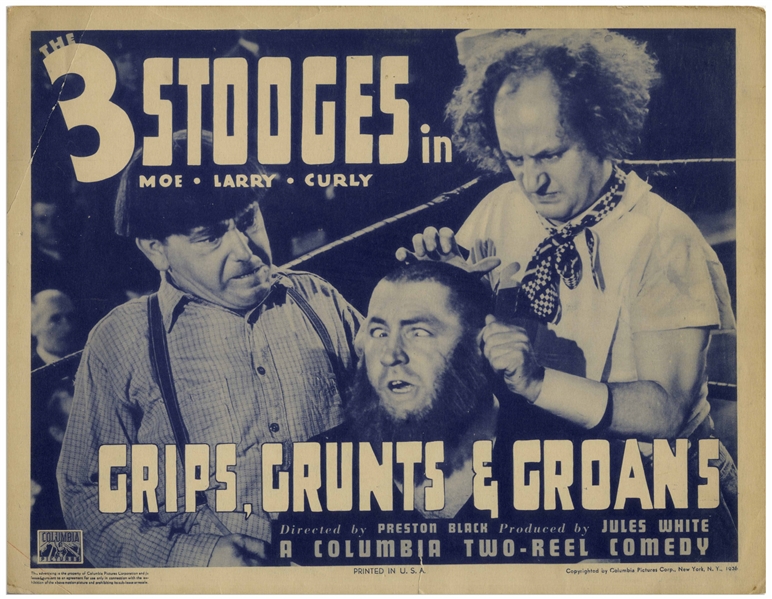 Lobby Card for the 1937 Three Stooges Film ''Grips, Grunts & Groans'' Starring Curly -- Measures 14'' x 11'' -- Creasing at Corners, Small 1'' Closed Tear at Bottom & Light Toning; Overall Very Good